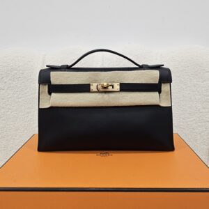 (UNUSED) Hermes Kelly Pochette Swift Black Rose Gold Tone Hardware