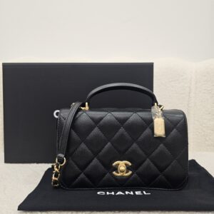 CHANEL Top Handle Flap Bag Grained Calfskin Gold-Finish Metal